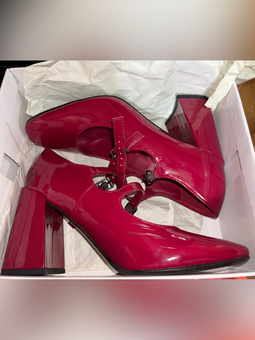 Patent Mary Jane Block Heel Pumps in Red